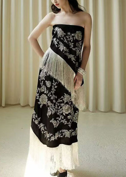 Schwarzes, ärmelloses, hochgeschlossenes, quastenbesetztes Patchwork-Kleid 