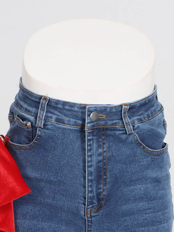Jean droit rouge chic noué taille haute boutonné 