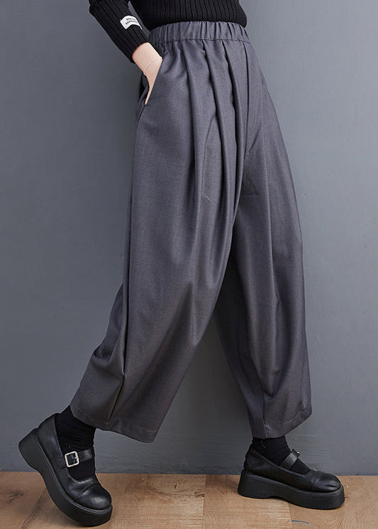 Pantalon gris décontracté en coton élastique avec poches et taille courte 
