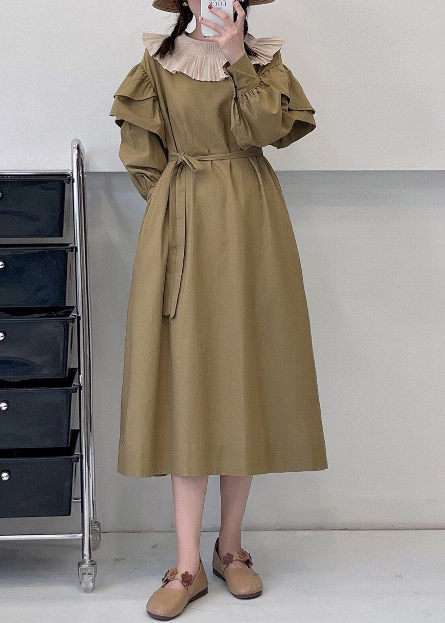 Loose Khaki Ruffled Tie Waist Cotton Dress Long Sleeve NN041