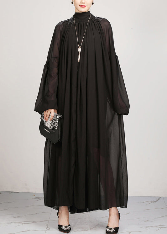 New Black Wrinkled Loose Chiffon Long Dress Fall AO1060