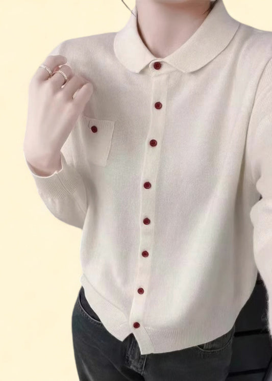 Handmade White Peter Pan Collar Pockets Solid Cotton Knitted Cardigans Fall QP009