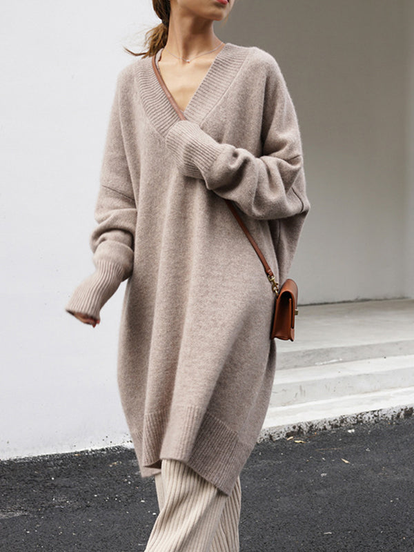 Stylish Loose Camel V-Neck Long Sleeve Sweater Dress QX006