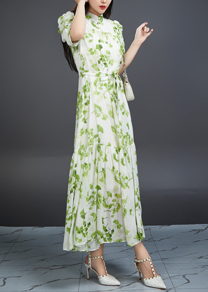 Bohemian Green Wrinkled Print Tie Waist Chiffon Dress Summer AJ1002