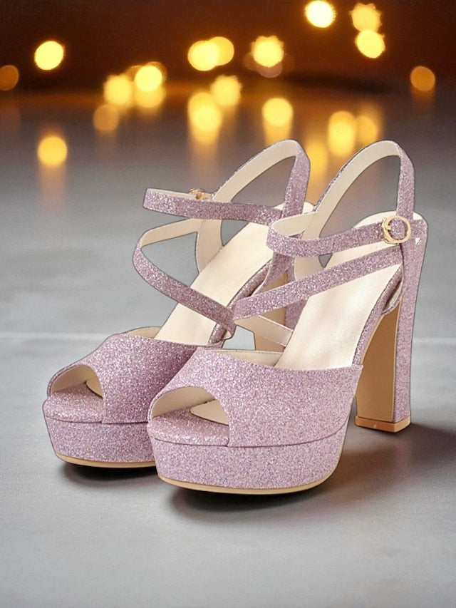 Strap Heel Sandals Platform Ankle High with Glitter Women's