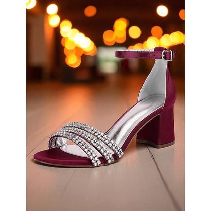 Purple Block with Heel Rhinestone Satin Sandals Women's