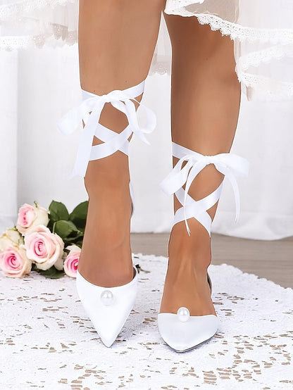 - Pointed Toe Navy Women's Pearl Satin Embellished Flats