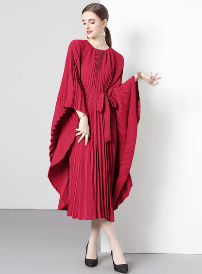 Robe plissée à lacets et manches chauve-souris rose italienne AZ1004 