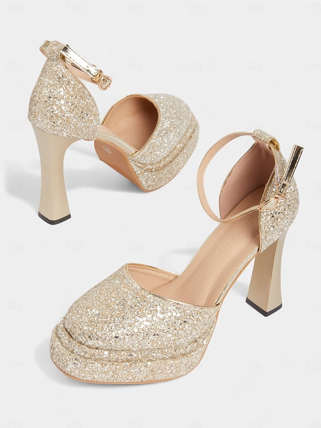 Women's High Glitter Platform Heels Gold