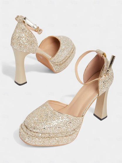 Women's High Glitter Platform Heels Gold