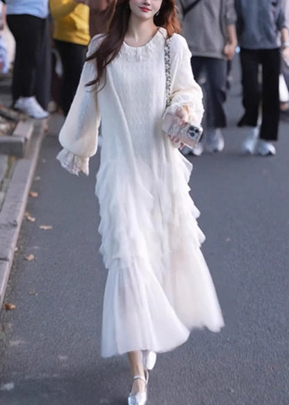 Weiß Maxi Ärmel Solide Tüll Schmetterling Kleider Elegante