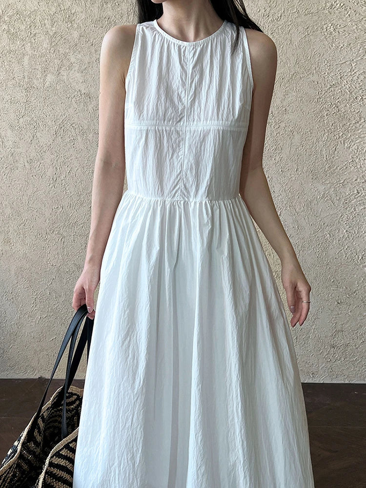 Patchwork-Kleid mit O-Ausschnitt, schlicht, ärmellos, blau, Puffsaum 