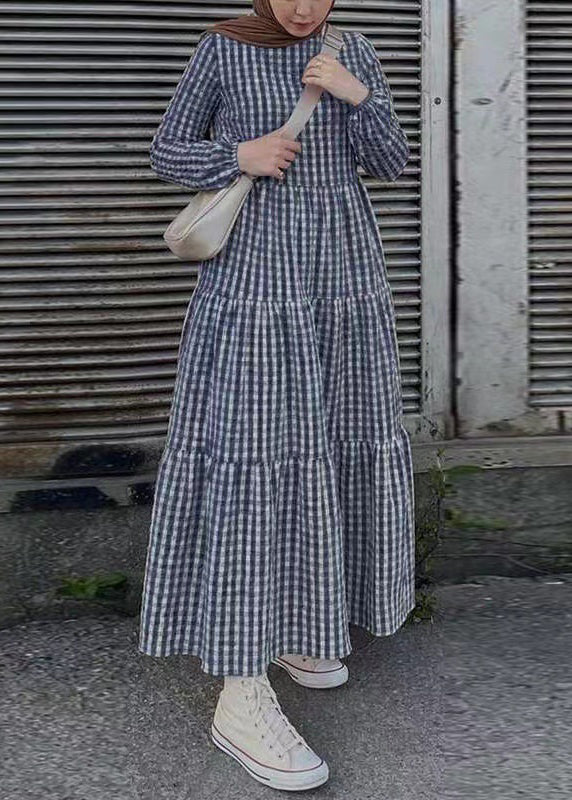 Baumwollkleider Einfach Plaid Frühling Maxi Grün 