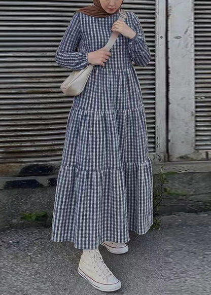 Baumwollkleider Einfach Plaid Frühling Maxi Grün 