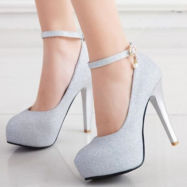 Women's Stiletto Heels with Ankle Glitter Platform Silver
