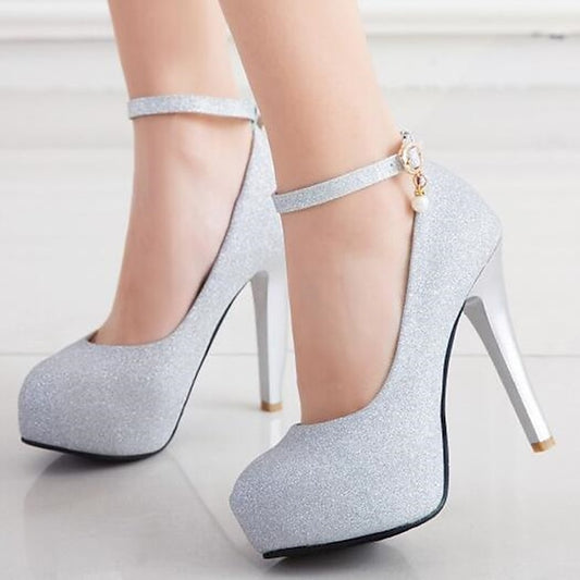 Women's Stiletto Heels with Ankle Glitter Platform Silver