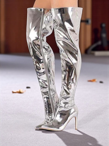 Patent Toe Over-the-Knee Leather Pointed Black Women's