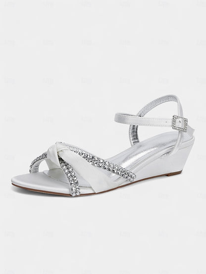 Satin Green Sandals Dress Wedge - Knot Women's Rhinestone