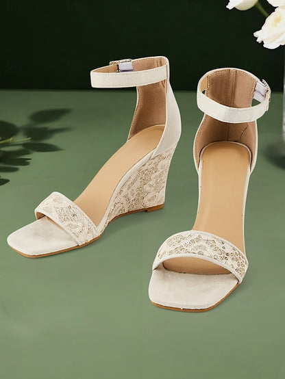 Sandals Lace Women White Ankle Wedge for – Strap Stylish Heel