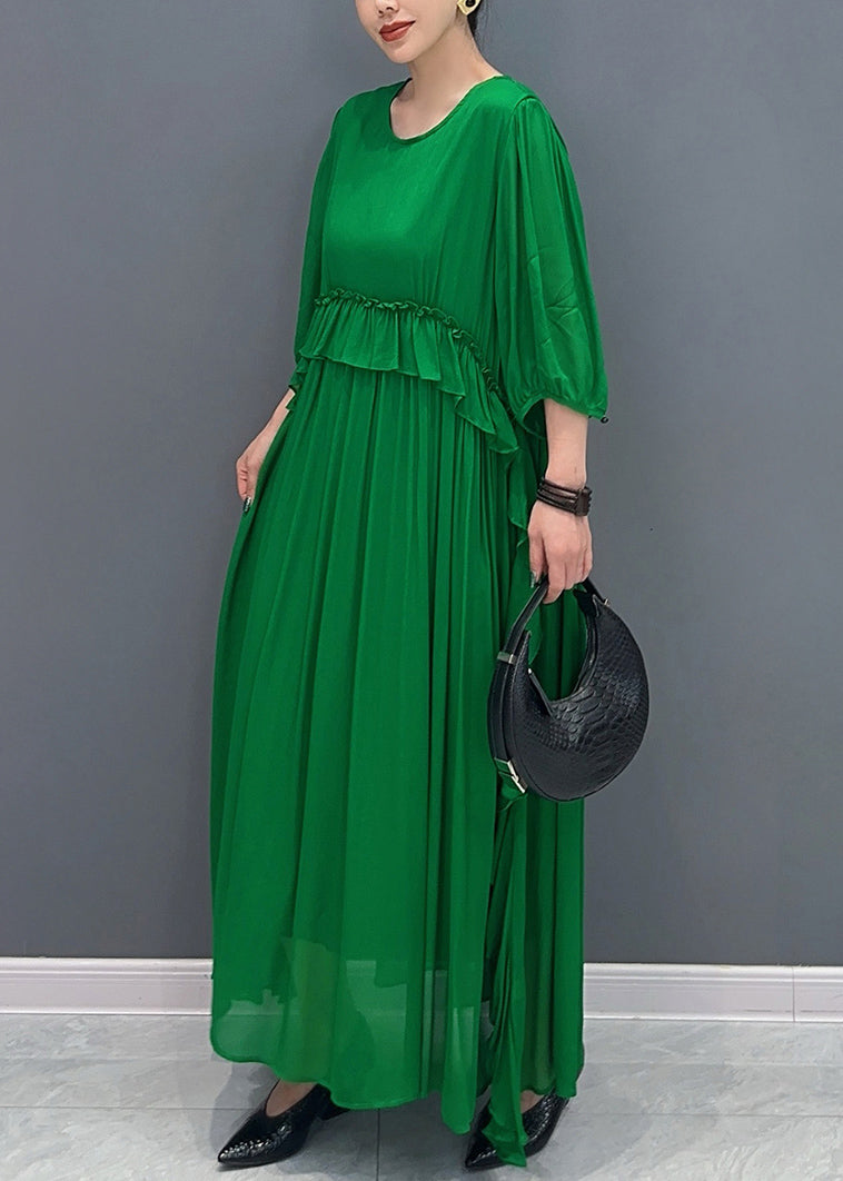 Handmade Green O-Neck Ruffled Wrinkled Vacation Chiffon Maxi Dresses Lantern Sleeve AO1027