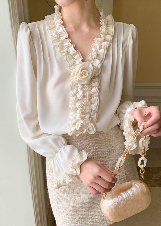 Apricot Art Shirt Blütenblatt Chiffon Solide Ärmel Rüschen