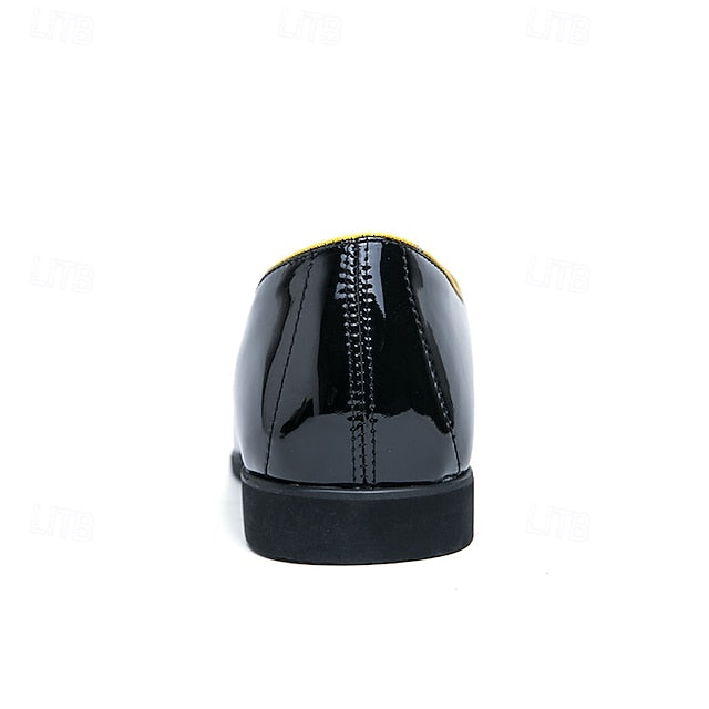 Leather Black Men's Patent Yellow Trim Loafers Faux with