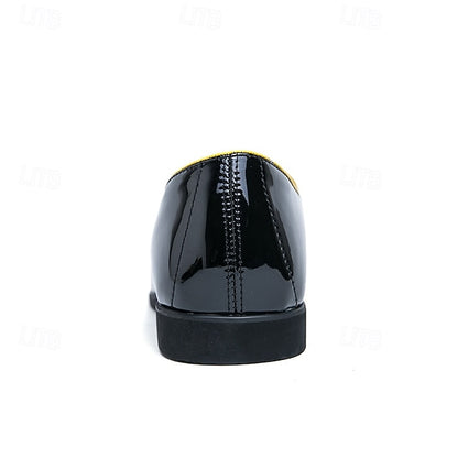 Leather Black Men's Patent Yellow Trim Loafers Faux with