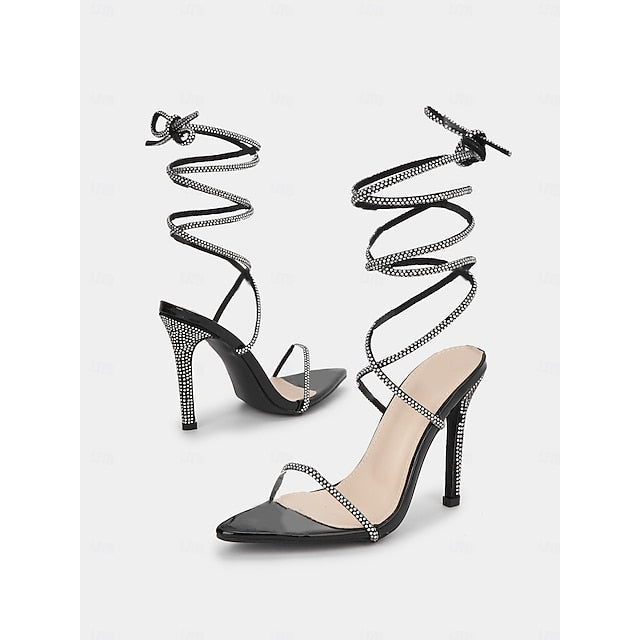 Black Lace-Up Stiletto Women's Sandals – Sexy Rhinestone