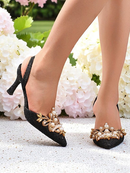Black Pearl Heels - Slingback Satin with Women's Detailing