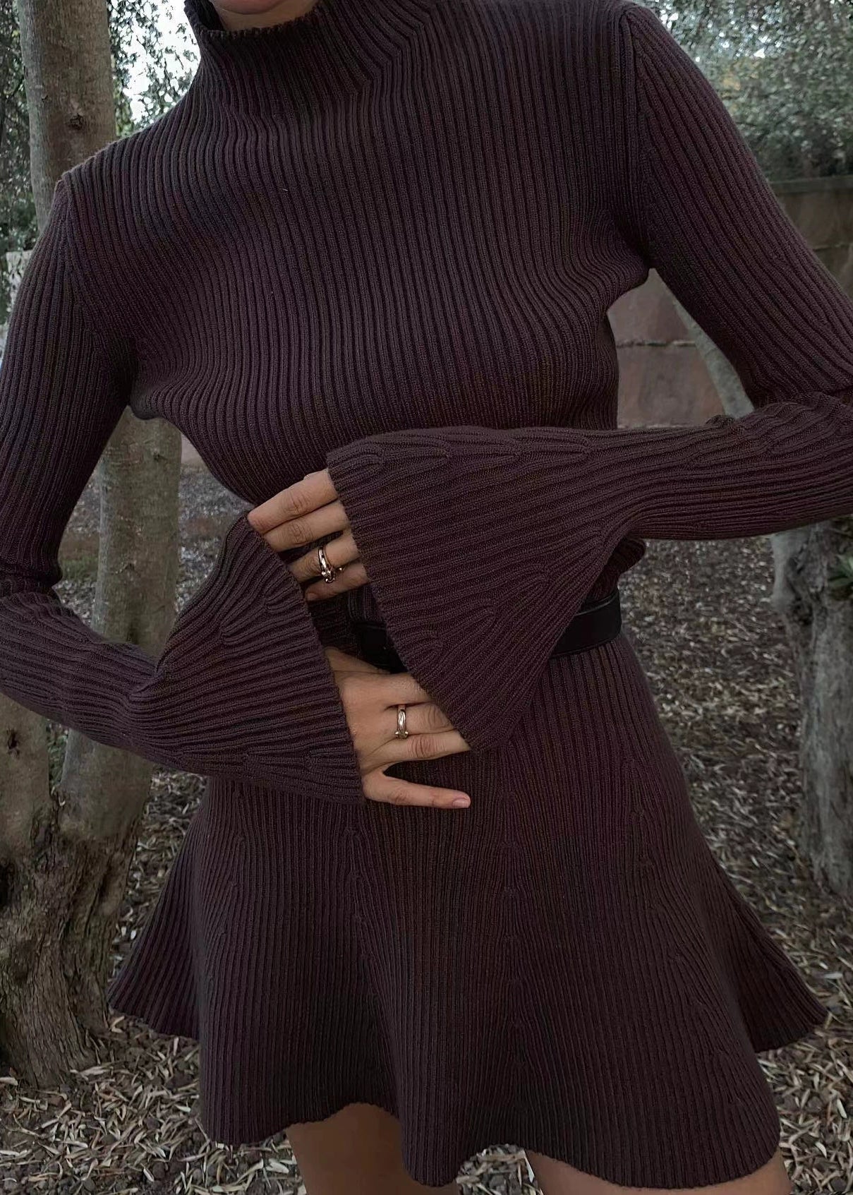 Women Coffee Turtleneck Cozy Knit Mid Dress Flare Sleeve AN1007