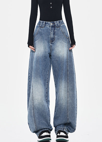 Pantalon mode poches hautes printemps bleu patchwork taille denim 