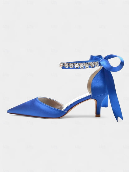 Ankle and Blue Pointed-Kitten Strap Heels with Satin Rhinestone