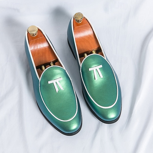 Leather Black Men's Patent Yellow Trim Loafers Faux with