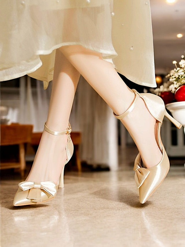 – Bow Champagne Pumps Women's Ankle Classy Pointed Strap