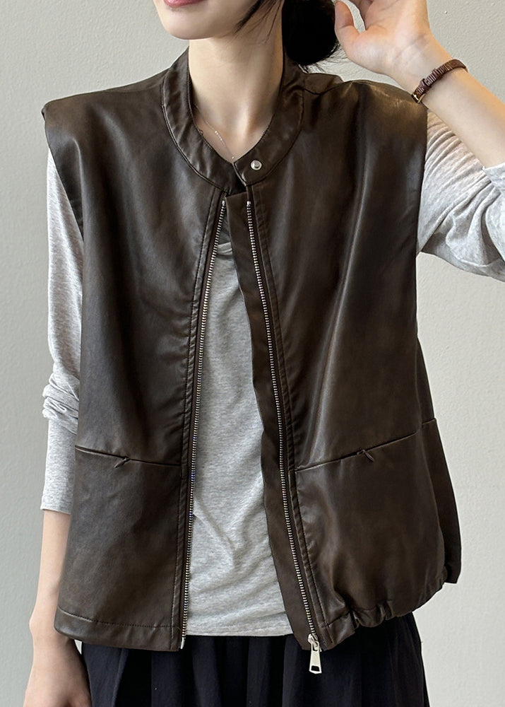 Style Coffee Zip Up Faux Leather Vest Tops Sleeveless WD014