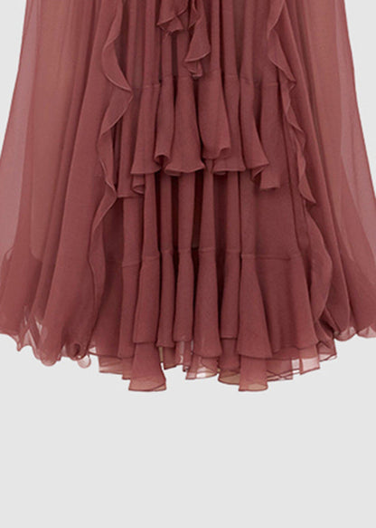 Haut patchwork en mousseline de soie, chemise à volants rouge brique à la française 