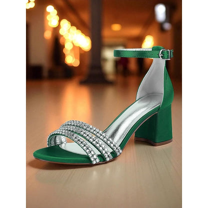 Purple Block with Heel Rhinestone Satin Sandals Women's