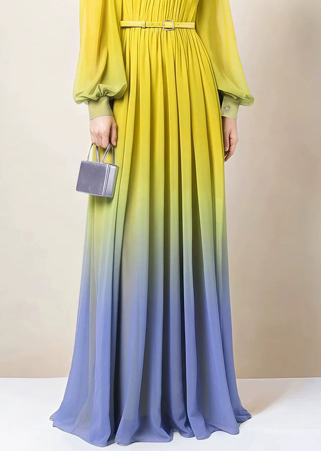 Kleid Herbst Knopf Chiffon Farbverlauf Faltig Farbe Knöchel Italienisch 