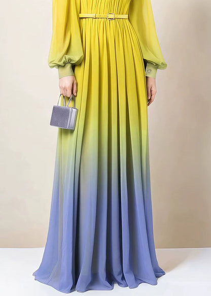 Kleid Herbst Knopf Chiffon Farbverlauf Faltig Farbe Knöchel Italienisch 