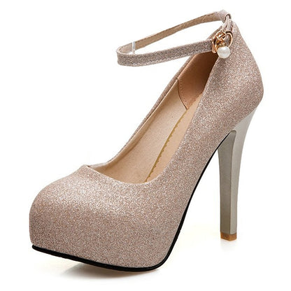 Women's Stiletto Heels with Ankle Glitter Platform Silver