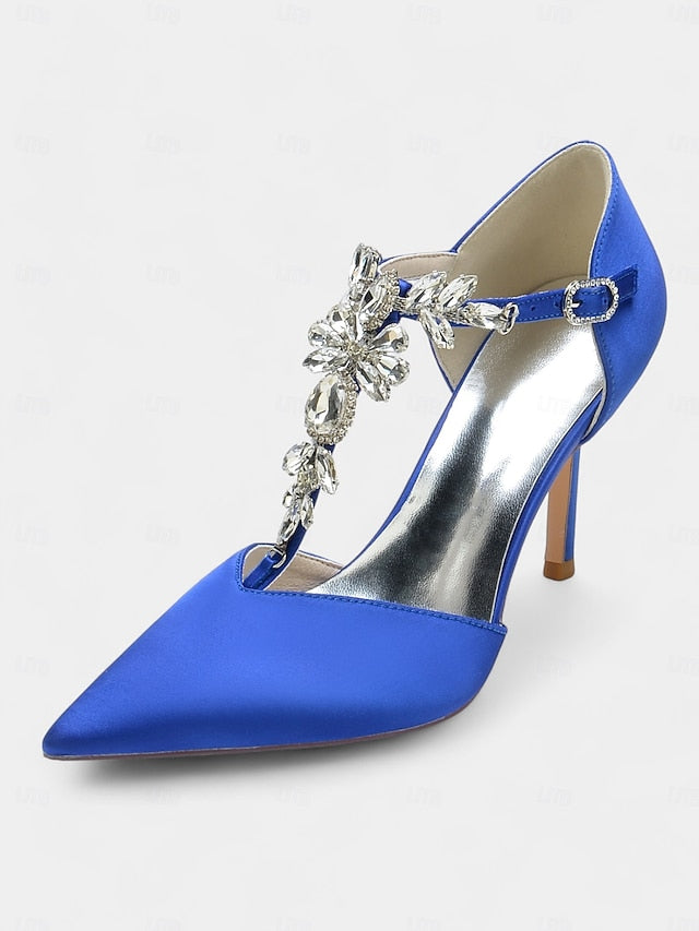 – Blue Navy Pointed Toe Women's Heels T-Strap Satin
