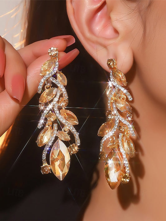 Leaf Design Earrings Women's Gold Elegant Crystal -
