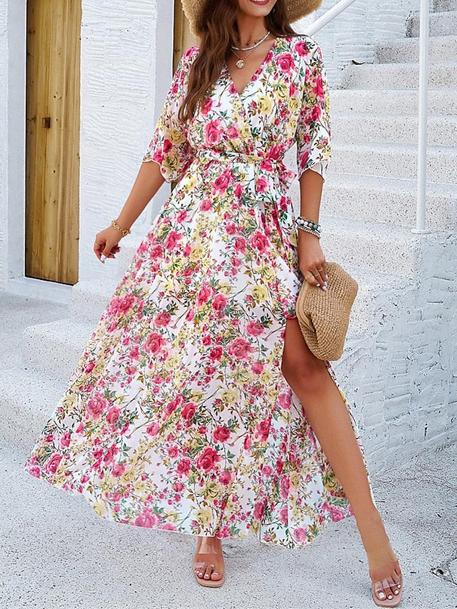 Women's Casual Dress Floral Print V Neck Long Dress Maxi