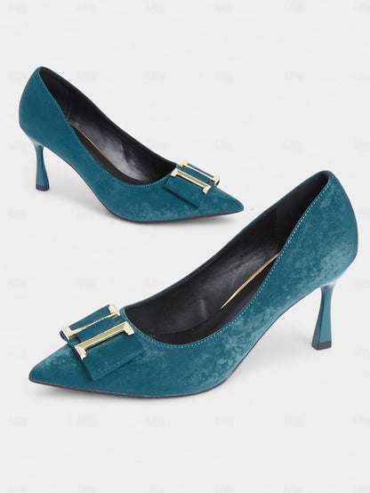 Teal Toe Heel - Pumps Elegant Kitten Pointed Velvet Women's