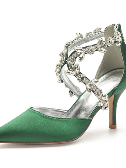 Heels Satin Women's White Pointed Crystal Strap – Elegant