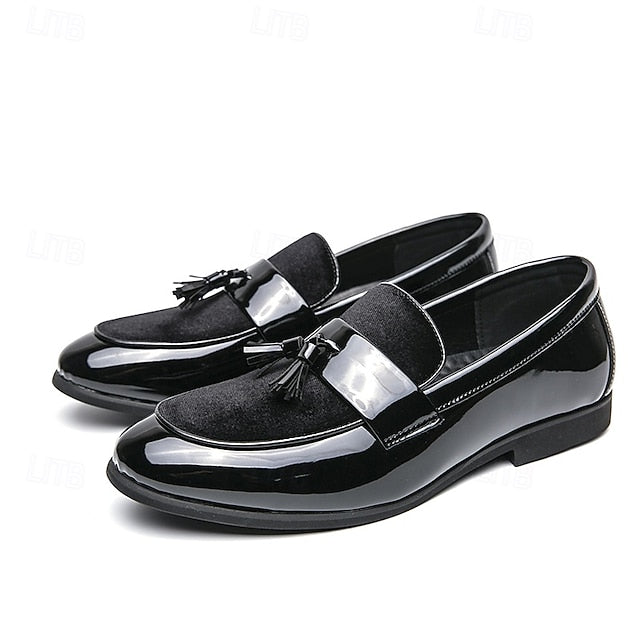 Men's Loafers Velvet Black Tassel Patent Leather – Faux