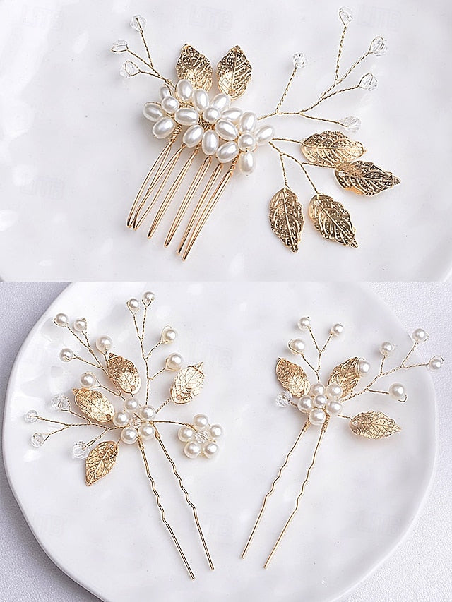 Faux and Gold Leaf Accessory Pearls Bridal Silver Set with Hair