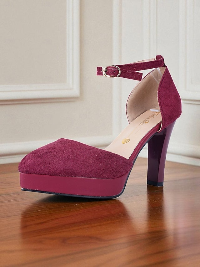 High 1950s Women's Ankle Heel Suede Strap Platform Burgundy