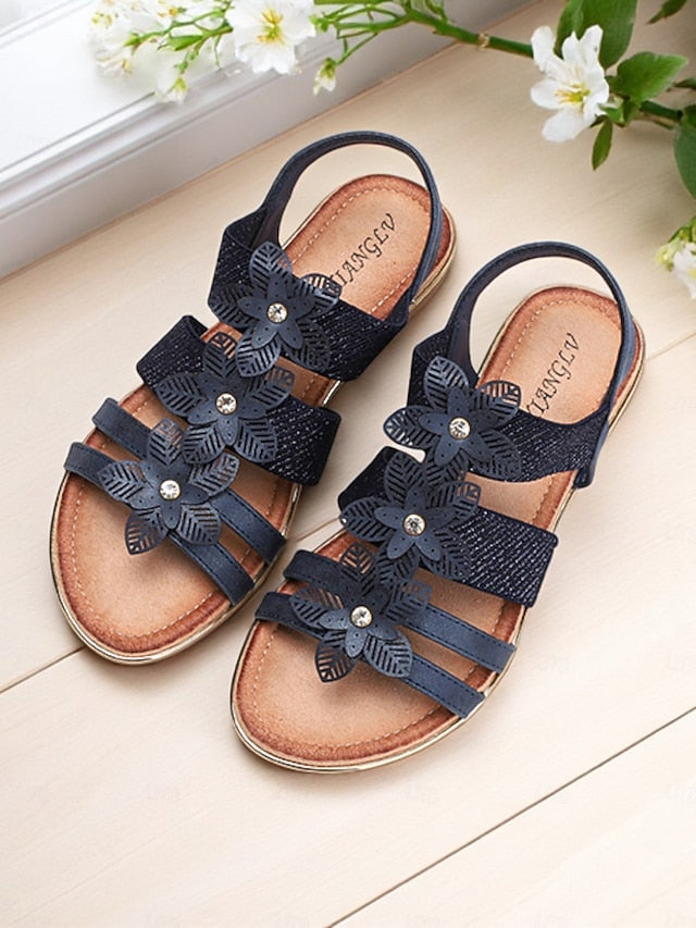 Women's Beige Sandals Floral Flat Elegant – Rhinestone