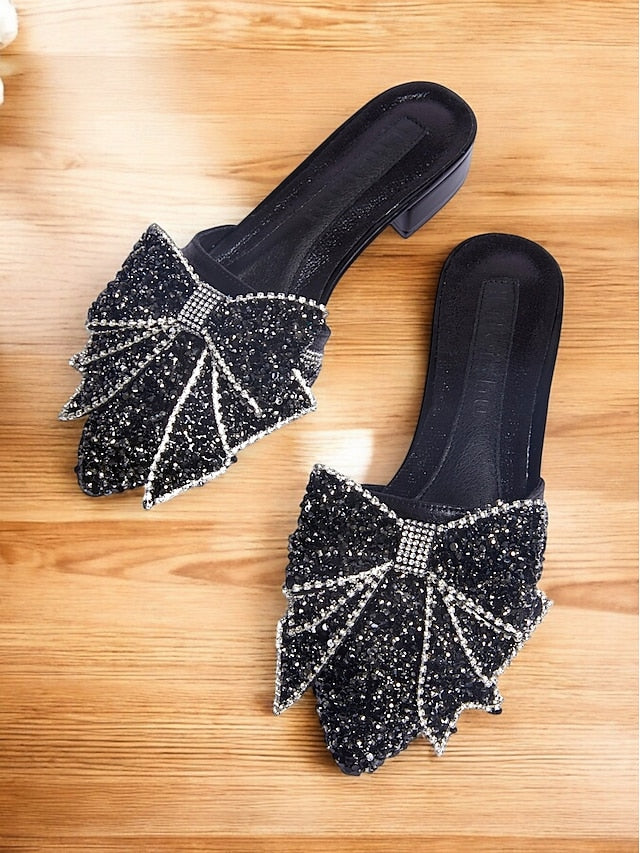 Flat Black Parties – Perfect and Rhinestone-Bow Mules for